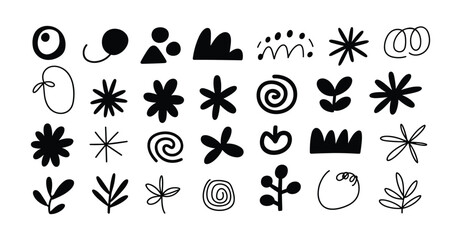 Obraz premium Set of hand-drawn abstract shapes, organic doodles, floral and geometric symbols in black ink on a white background