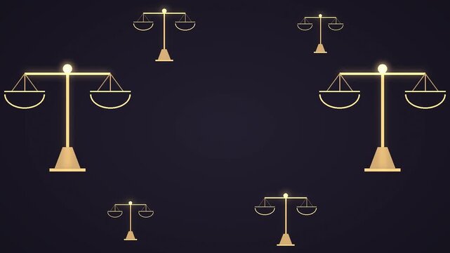 Four Golden Scales of Justice in Symmetrical Black Background Arrangement