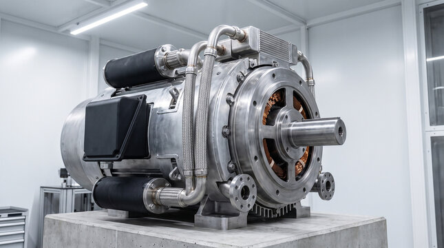 Industrial electric motor made of polished brushed steel features copper windings, metallic piping, and heavy bolts for high power efficiency
