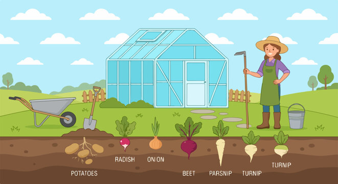 Organic farming vector illustration with greenhouse and female gardener, root vegetable garden with labeled potatoes radish onion beet parsnip and turnip