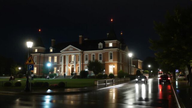 Historic Mansion on a Rainy Night with Lightning