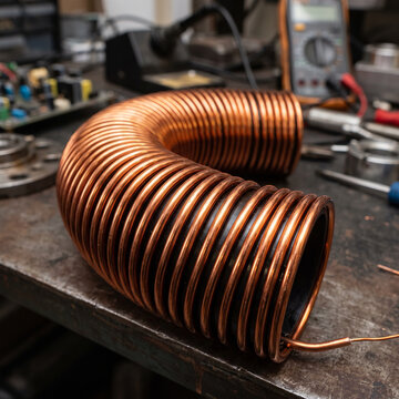 Copper wire spiral electrical coil on a workbench in a workshop  