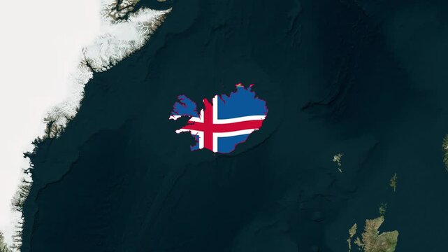 Wide Iceland Flag Map Animation on Dark Ocean Relief Background, 4K