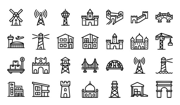 Architecture Landmarks and Infrastructure Thin Line Vector Icon Set