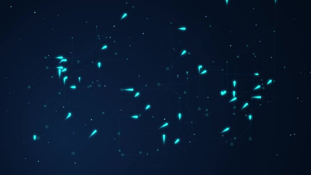 Glowing cyan energy drops floating through digital network nodes on dark blue background