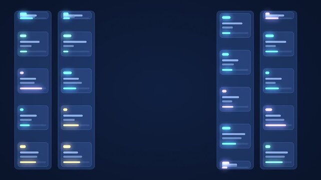 Two Vertical Neon-Lit Digital Display Screens Showing Organized Data Lists Against Dark Background