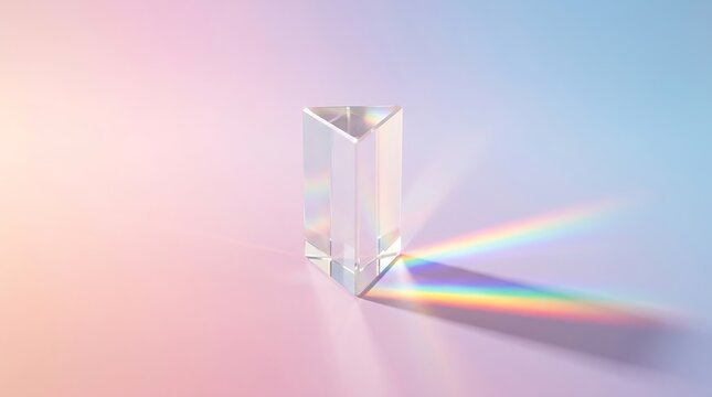 Clear glass triangular prism refracting light, creating a vibrant rainbow spectrum. Optical physics experiment, light dispersion, and scientific concept.
