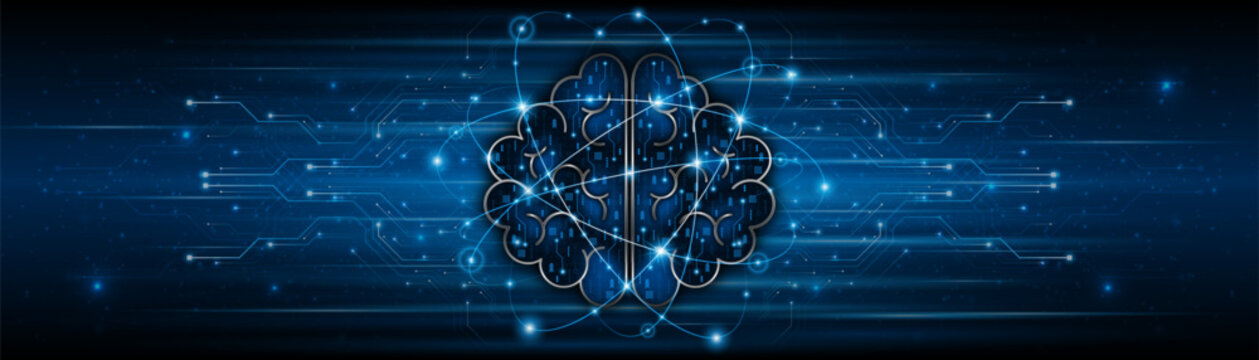 A high-tech digital brain icon on a blue electrical circuit background. Conceptual representation of intelligent automation, artificial neural networks, and intelligent technology systems.