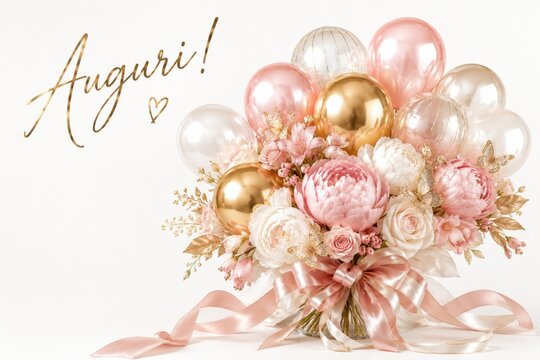 Elegant Anniversary Bouquet With Pink Flowers Balloons And Golden Details