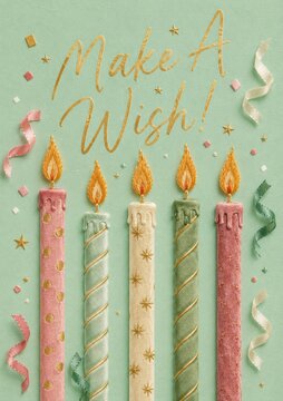 Colorful Birthday Candles And Golden Wishes On Mint Background