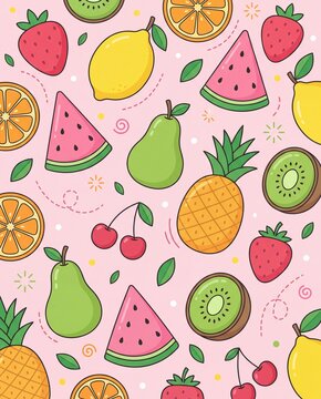 A colorful seamless fruit pattern with strawberries, citrus, watermelon, pineapple, kiwi, and pears on a pink background, playful summer food design.