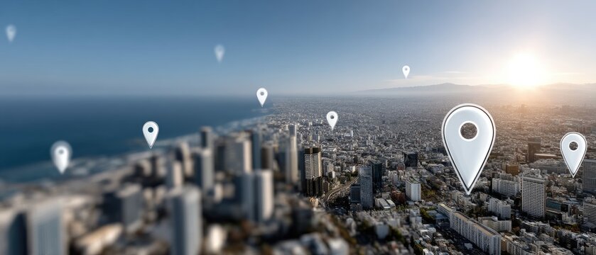 Panoramic view of a bustling city filled with skyscrapers and parks, highlighting various location markers on a rooftop edge