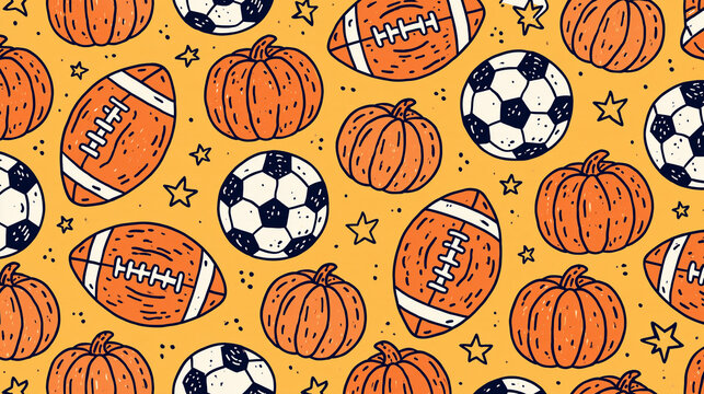 football, soccer, and pumpkin seamless pattern , illustration of soccer ball, footballs, and pumpkins against a yellow background