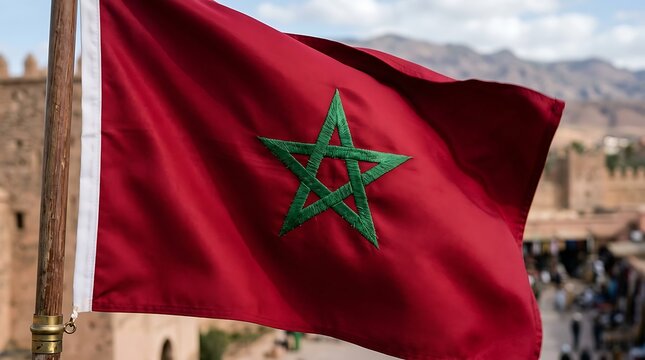 Moroccan flag waving in the wind against a city background