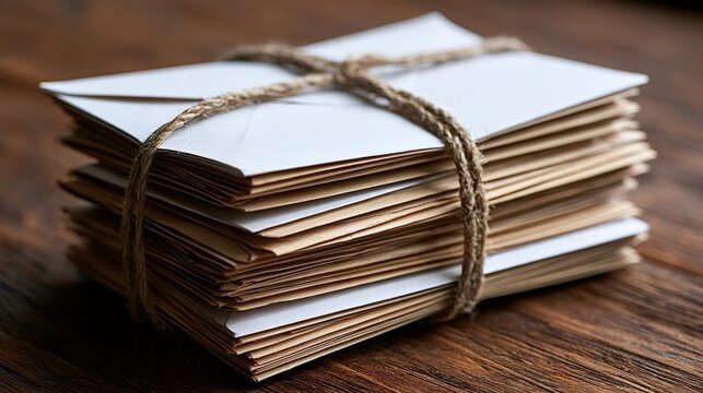 Stack of vintage letters and envelopes tied with a rustic twine resting on a dark wooden background, evoking concepts of nostalgia, communication, and historical correspondence
