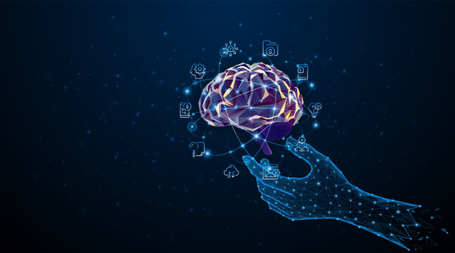 Abstract hand is holding an artificial neural network or artificial intelligence brain. Digital brain science for future learning. modern technology innovation concept background