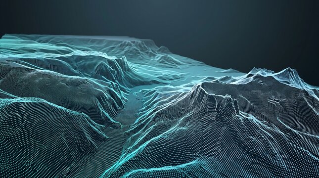 Abstract digital landscape, futuristic wireframe terrain, glowing blue and green grid, data visualization, technology background, network connection concept