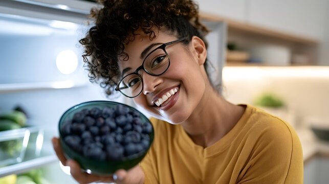 Young woman smiling at camera while holding a bowl of fresh blueberries from an open refrigerator, choosing a healthy, natural snack in a modern kitchen setting