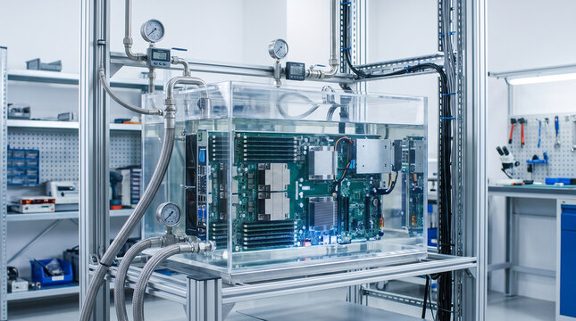 Advanced electronic computer motherboard submerged in clear liquid cooling tank for thermal efficiency testing inside a modern sterile research laboratory