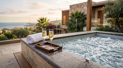 Naklejka na ściany i meble Luxury outdoor jacuzzi on terrace with champagne glasses and sea view
