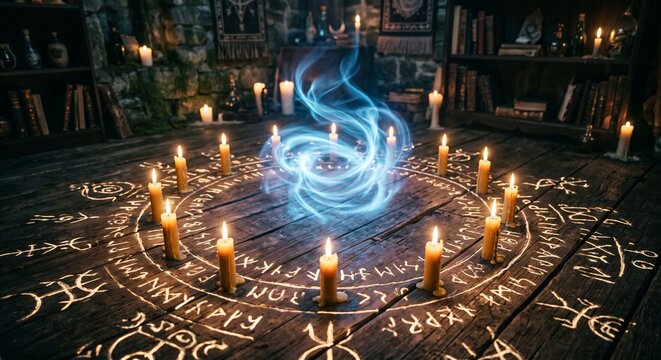 Magical circle with runes and burning candles with blue smoke on wooden floor