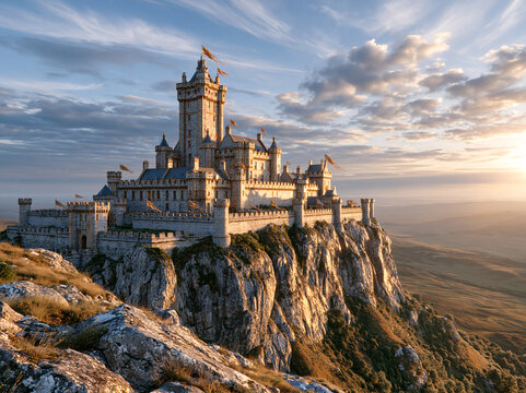A grand stone medieval castle perches atop a jagged cliff, bathed in golden sunset light with fluttering banners and distant plains.