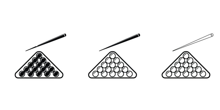 Billiards pool table icons, snooker equipment and cue sport symbols in flat vector style for games, sports, recreation, and club design.