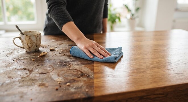 Hand wiping wooden table with blue cloth showing before and after cleaning effect