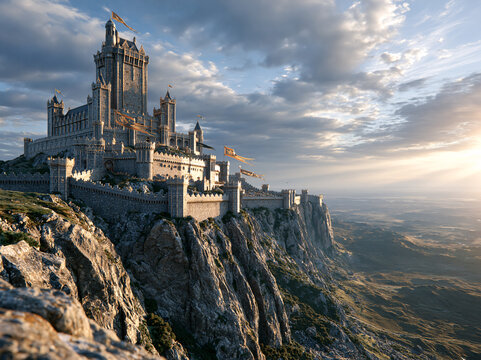A grand stone medieval castle perches atop a jagged cliff, bathed in golden sunset light with fluttering banners and distant plains.