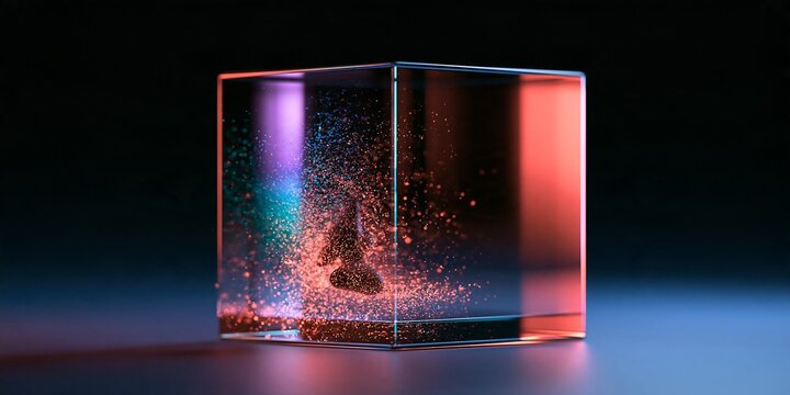 Transparent Glass Cube with Multicolor Glowing Particle Burst Inside
