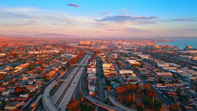 Multi-lane highways crossing the cityscape of modern San Diego, California, USA. Sunlit scenery of the city from drone.