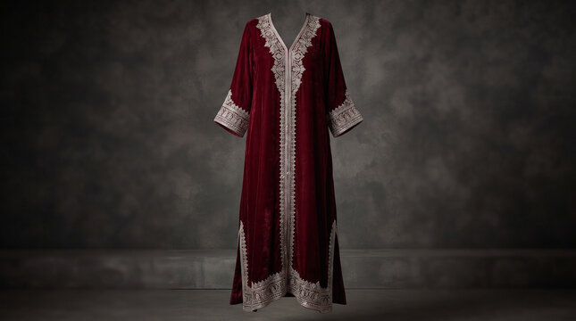 Traditional red velvet caftan dress product presentation on studio background