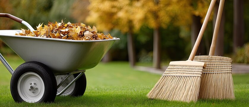 A wheelbarrow is loaded with colorful autumn leaves while a broom rests nearby on a green lawn amidst urban buildings