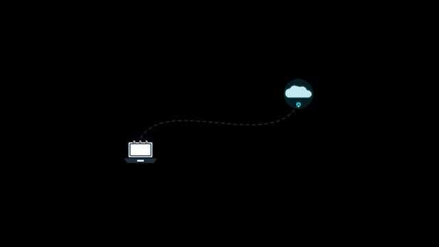 Futuristic cloud computing data transfer vector graphic featuring laptop and cloud storage network