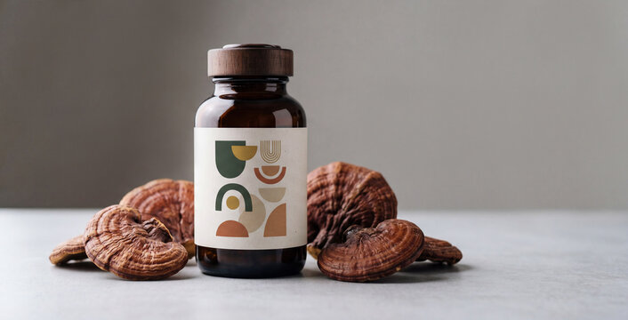 Brown glass supplement bottle labeled with abstract art surrounded by dried reishi mushrooms, conveying natural wellness, herbal medicine, immune support