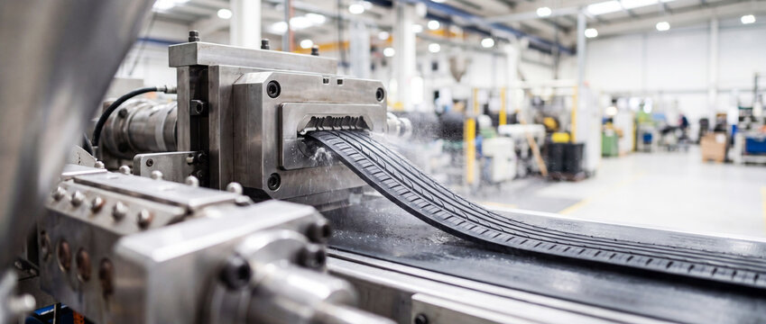 Tire tread extrusion in modern rubber factory with industrial machine and automated production line