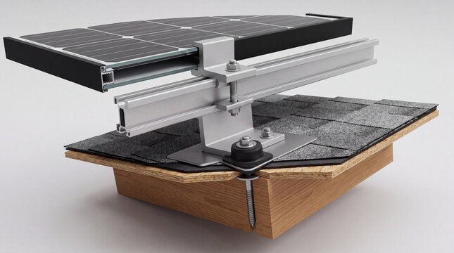 Solar panel roof mount bracket with flashing on shingle roof section for residential installation