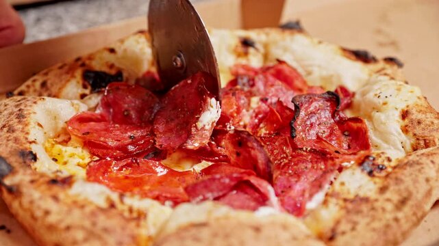 Slicing a delicious pepperoni pizza close up