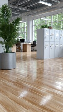 Innovative design showcases lockers surrounded by lush plants, enhancing a contemporary workspace with a vibrant and inviting feel
