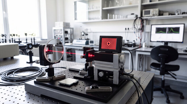 Precision red laser optics setup on an optical table used for alignment and measurement in a modern research laboratory, illustrating photonics experiments, scientific instrumentation