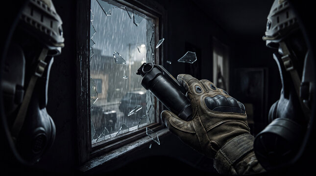 Tactical soldier holding grenade near broken window in rainy urban raid scene