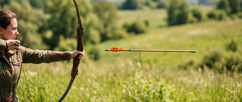Woman archer drawing a wooden bow and releasing an arrow across a sunlit meadow, conveying focus, strength and concentration during outdoor archery practice in a rural landscape.