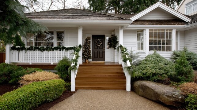 A charming porch decorated with potted ferns and greenery creates a warm and inviting atmosphere for winter gatherings
