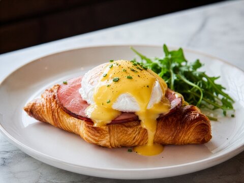 Croissant eggs Benedict style dish for a restaurant brunch menu
