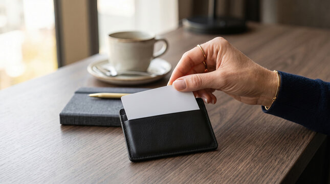 Hotel guest retrieving room card from wallet