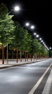 A tranquil road is illuminated by soft lights, surrounded by lush trees creating a calming atmosphere during the night