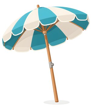 Vibrant blue and white striped beach umbrella illustration, a perfect vector graphic for summer vacation themes, poolside relaxation, and sunny outdoor leisure designs