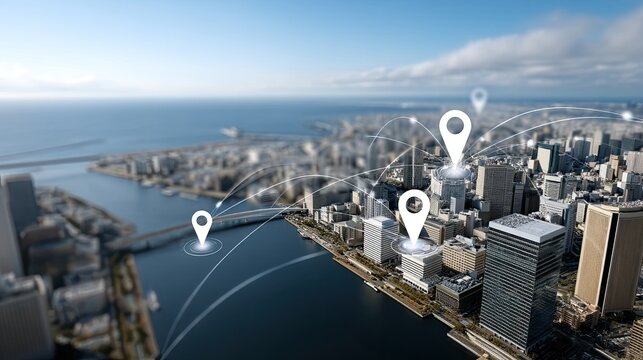 High-tech urban environment showcases skyscrapers connected by dynamic lines, symbolizing strong digital interactions and innovation