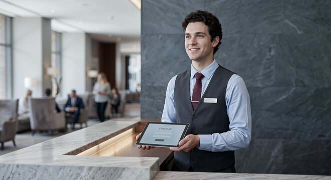 Smiling young male hotel receptionist in elegant uniform holding a digital tablet with check in screen at modern front desk