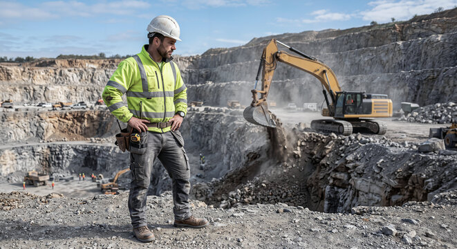 Professional male quarry worker in safety uniform observing heavy excavator machinery digging rocks in a deep mining pit